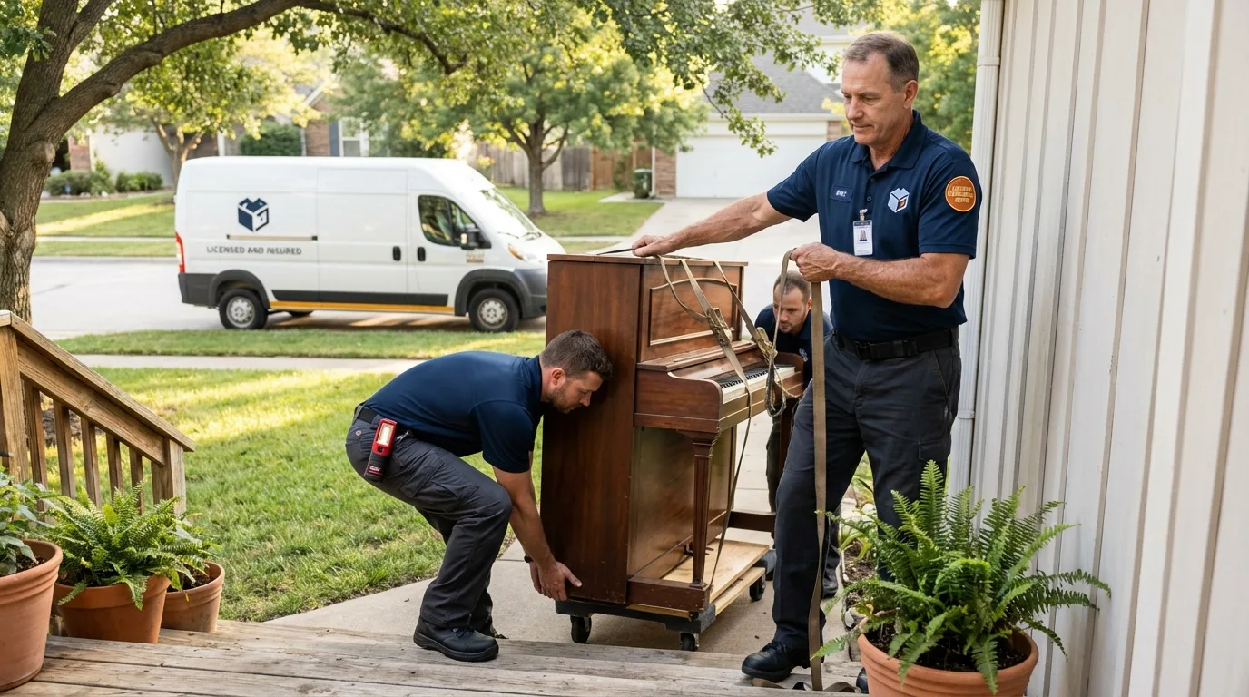 Licensed piano movers securing grand piano in Shirley, NY