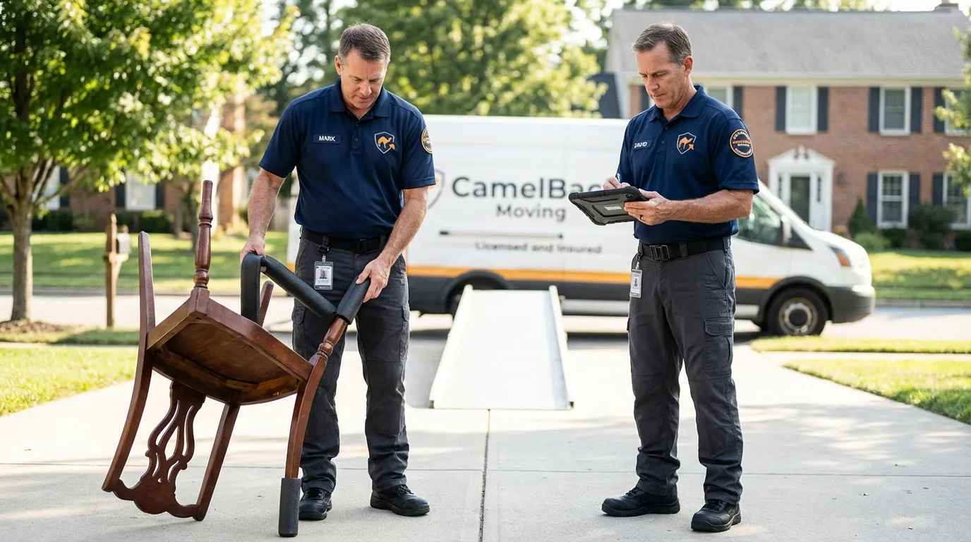 Movers inspecting furniture for damage prevention before loading in Shirley, NY