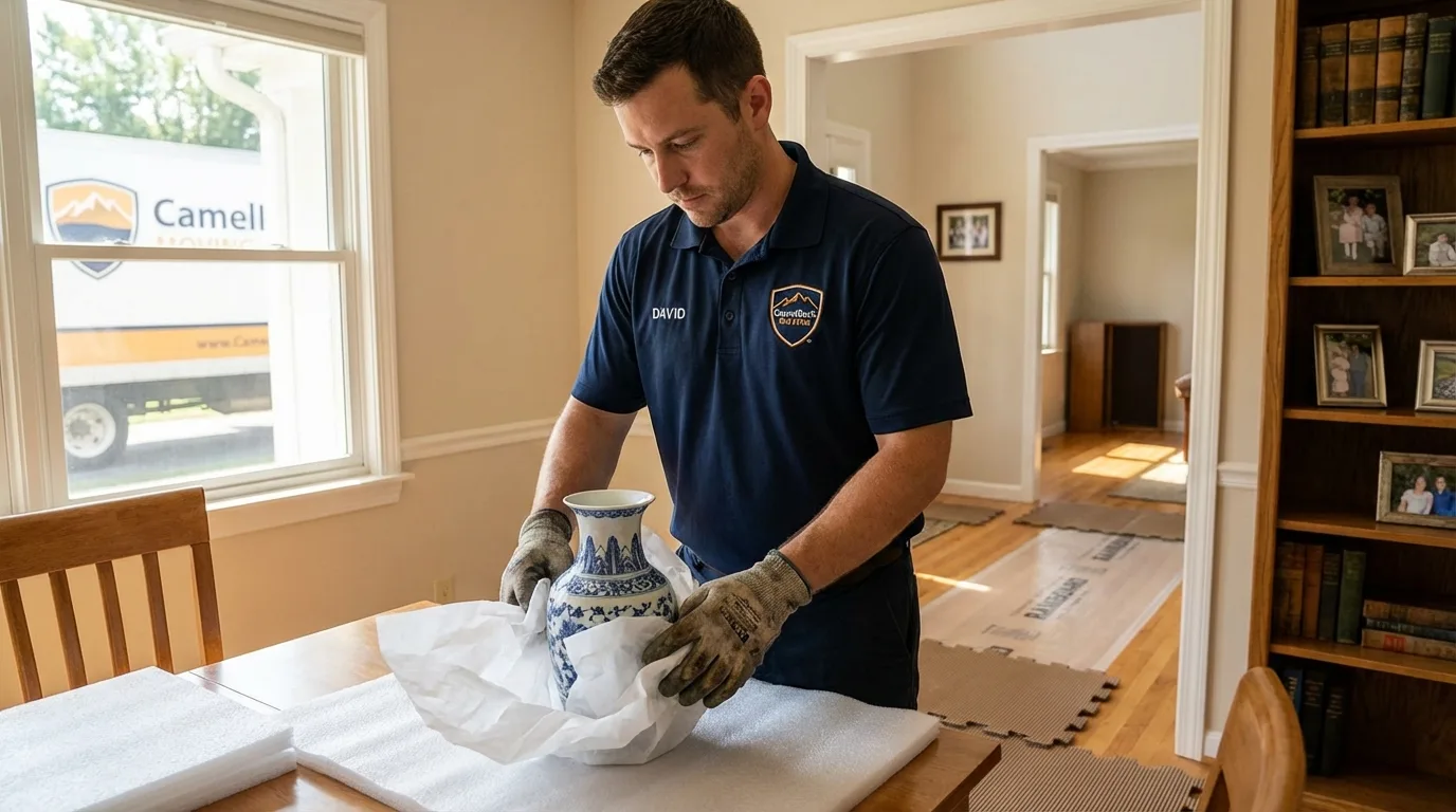 Professional crew carefully wrapping antique vase for senior downsizing move in Shirley, NY